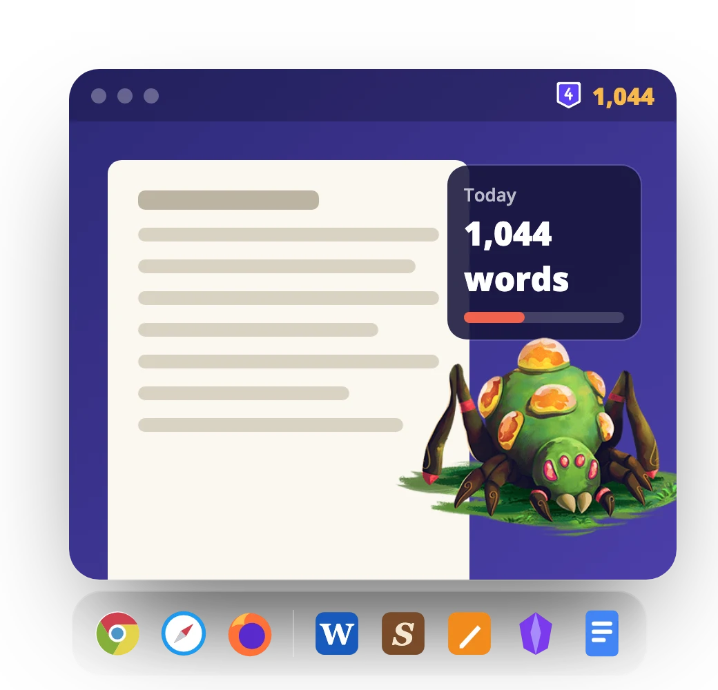 The 4thewords desktop app counting 1,044 words over a draft, with a monster to fight and a dock of writing apps